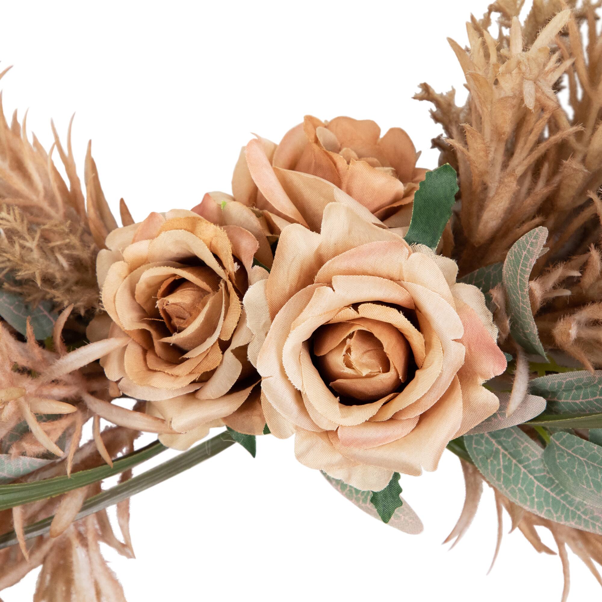 24" Fall Harvest Pale Rose & Thistle with Foliage Artificial Wreath